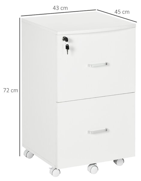 Vinsetto Armadietto da Ufficio con 2 Cassetti e 5 Ruote, Schedario in MDF e Truciolato, 43x45x72 cm, Bianco|Aosom