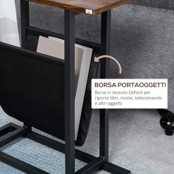 HOMCOM Tavolino da Salotto in Legno e Acciaio con Borsa Portaoggetti in Tessuto Oxford per Soggiorno e Camera, 49x19x55 cm, Marrone e Nero | Aosom