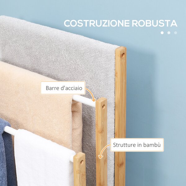 HOMCOM Portasciugamani da Terra in Bambù con 3 Sbarre in Acciaio, Autoportante, 48x25.8x94cm, Color Legno | Aosom