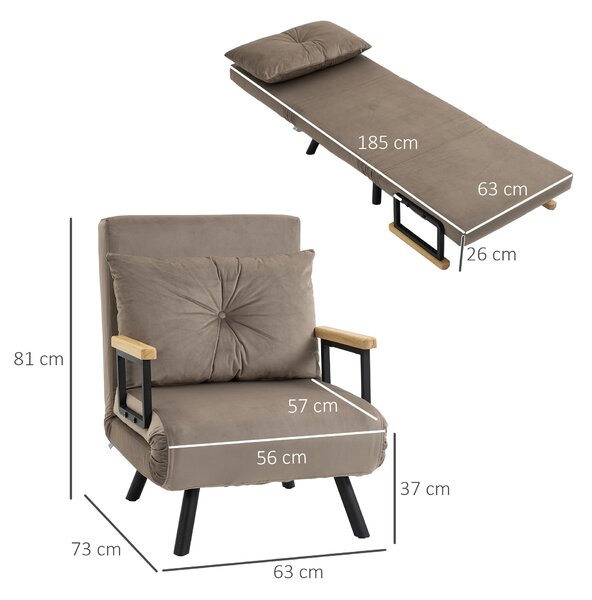 HOMCOM Poltrona Letto Singolo 3 in 1 in Tessuto Effetto Velluto Reclinabile in 5 Posizioni con Cuscino Sfoderabile, 63x73x81cm, Marrone Chiaro | Aosom Italy