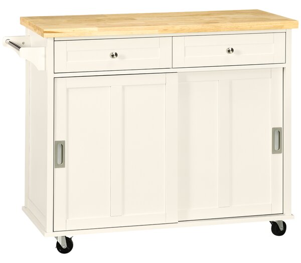 HOMCOM Isola per Cucina in Legno e MDF con Cassetti, Armadietto, Portasciugamani e 4 Ruote, per Utensili, 110x49.5x89.5cm, Bianco | Aosom