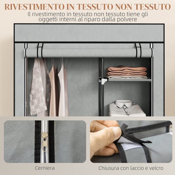 HOMCOM Armadio Guardaroba Portatile in Acciaio, Tessuto non Tessuto e PP, 6 Ripiani Aperti, 1 Appendino,Porta a Cerniera 103x43x162.5cm Grigio | Aosom