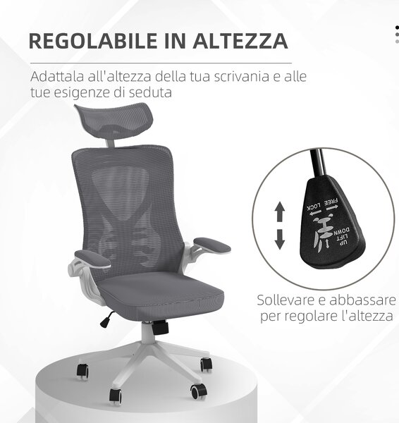 Vinsetto Sedia da Ufficio ad Altezza Regolabile con Supporto Lombare e Braccioli Ribaltabili, 65x64x120-130 cm | Aosom Italy