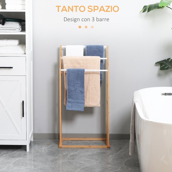 HOMCOM Portasciugamani da Terra in Bambù con 3 Sbarre in Acciaio, Autoportante, 48x25.8x94cm, Color Legno | Aosom