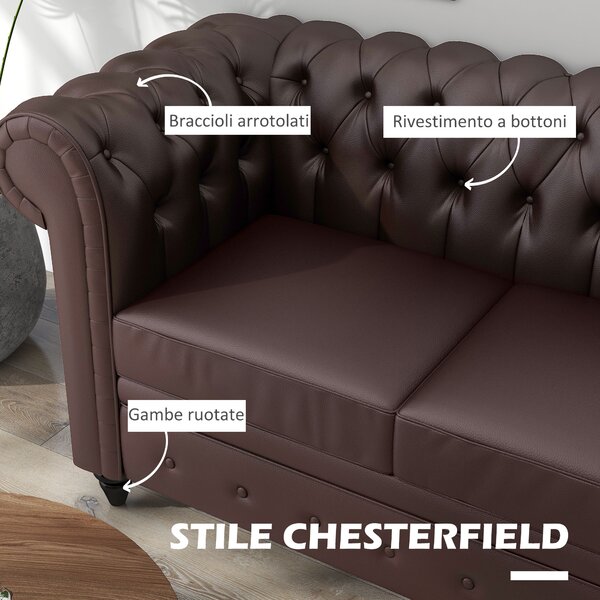 HOMCOM Divano 2 Posti stile Chesterfield con Cuscino Rimovibile, in Ecopelle, Legno e Metallo, 160x84x80 cm, Marrone