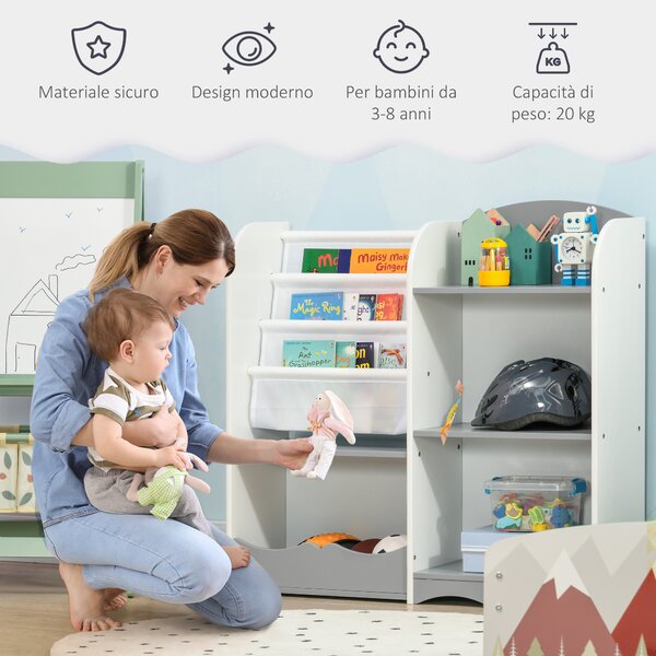 ZONEKIZ Scaffale Portagiochi per Bambini con Ripiani in Legno, 85x26x84cm, Grigio|Aosom