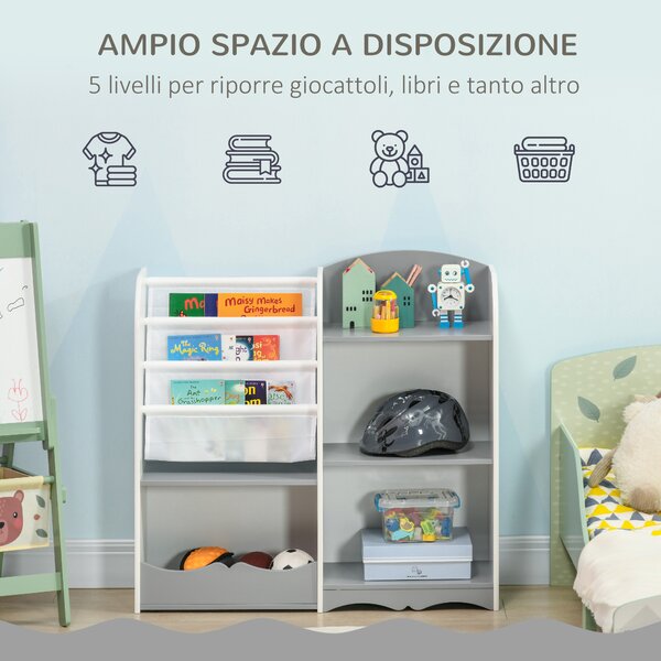 ZONEKIZ Scaffale Portagiochi per Bambini con Ripiani in Legno, 85x26x84cm, Grigio|Aosom
