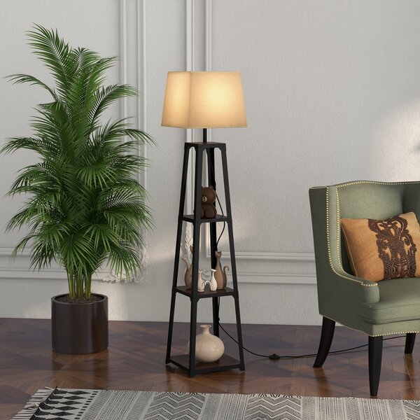 HOMCOM Lampada da Terra in Metallo e MDF a 3 Ripiani con Paralume in Tessuto, Ø42x166 cm, Nero e Beige|Aosom