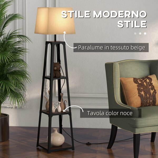 HOMCOM Lampada da Terra in Metallo e MDF a 3 Ripiani con Paralume in Tessuto, Ø42x166 cm, Nero e Beige|Aosom