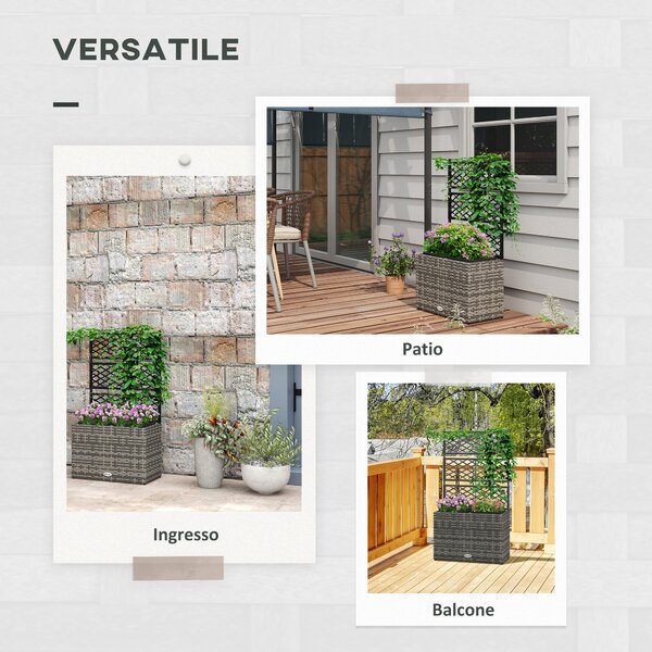 Outsunny Fioriera con Grigliato per Rampicanti con 2 Vasi in Acciaio e Rattan PE, 57x30x107cm, Grigio|Aosom