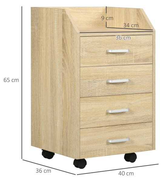 Vinsetto Cassettiera Ufficio minimalista in Legno con 4 Cassetti, Ruote e Bordi Rialzati, 40x36x65cm, per studio e casa, Legno Naturale | Aosom Italy