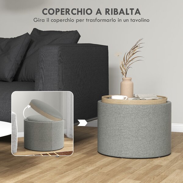 HOMCOM Pouf Contenitore Effetto Lino da 120 kg max con Vassoio a Ribalta, in MDF, 56x56x42 cm, Grigio