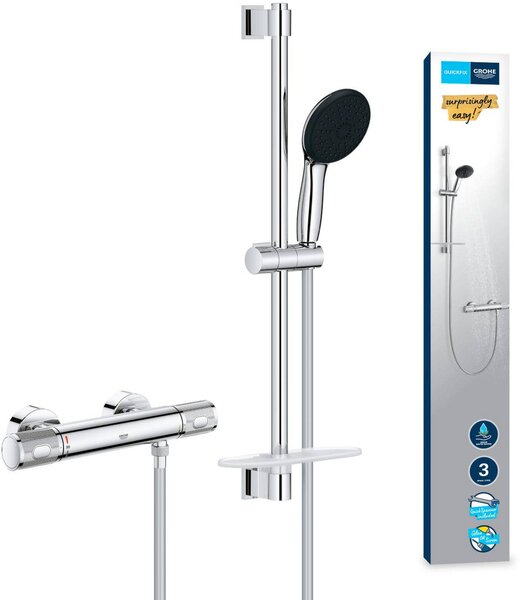 Shower set with thermostatic mixer. 3-jet shower head. 60cm bar and flexible hose - GROHE 34791001 - Water saving - Chrome
