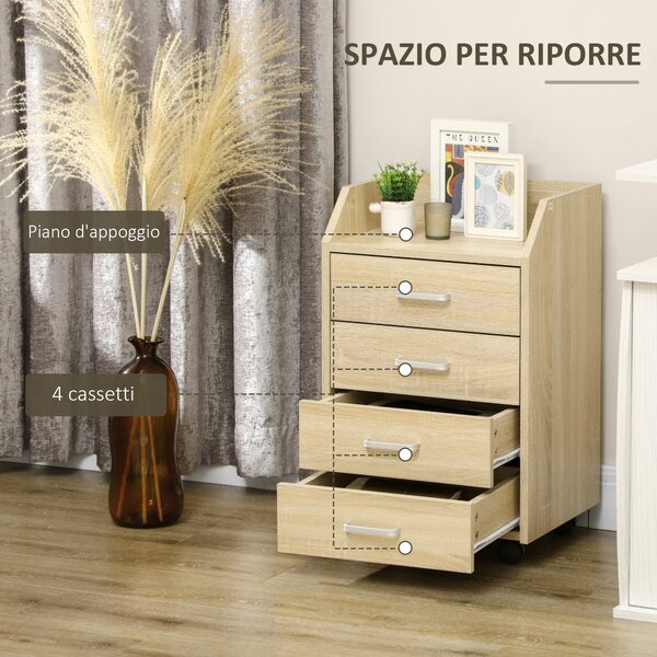 Vinsetto Cassettiera Ufficio minimalista in Legno con 4 Cassetti, Ruote e Bordi Rialzati, 40x36x65cm, per studio e casa, Legno Naturale | Aosom Italy