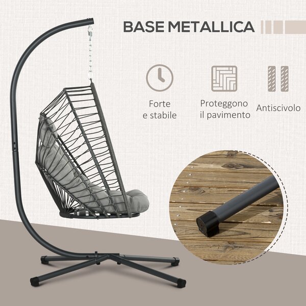 Outsunny Poltrona Sospesa in Rattan PE con Cuscino, Seduta Pieghevole e Struttura in Acciaio, Grigio|Aosom