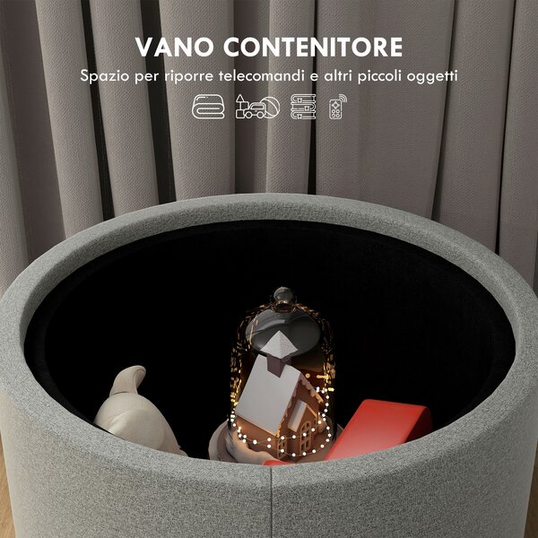 HOMCOM Pouf Contenitore Effetto Lino da 120 kg max con Vassoio a Ribalta, in MDF, 56x56x42 cm, Grigio