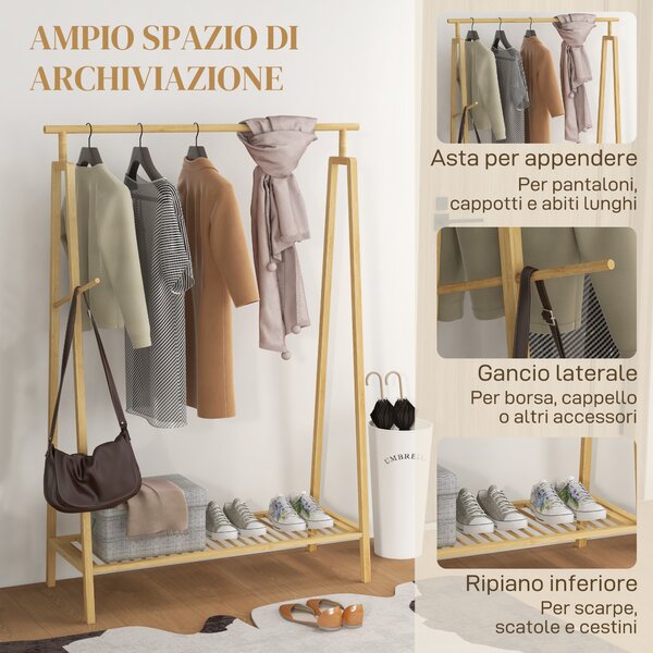 HOMCOM Appendiabiti a Doghe in Bambù con Gruccia Laterale e Spazio per Scarpe, 110x42x152 cm, color Legno|Aosom