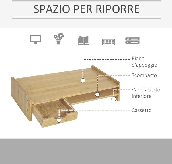 HOMCOM Supporto Monitor in Bambù con Spazio per Mouse e Tastiera e Ripiano con Cubo Portaoggetti, 49x25.5x11.5cm| Aosom Italy