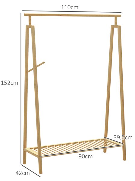 HOMCOM Appendiabiti a Doghe in Bambù con Gruccia Laterale e Spazio per Scarpe, 110x42x152 cm, color Legno|Aosom