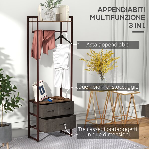 HOMCOM Appendiabiti multiuso con 3 Cassetti pieghevoli in tessuto e Ripiani da terra, in Legno MDF e Acciaio, 58.5x30x178 cm, Marrone|Aosom Italy