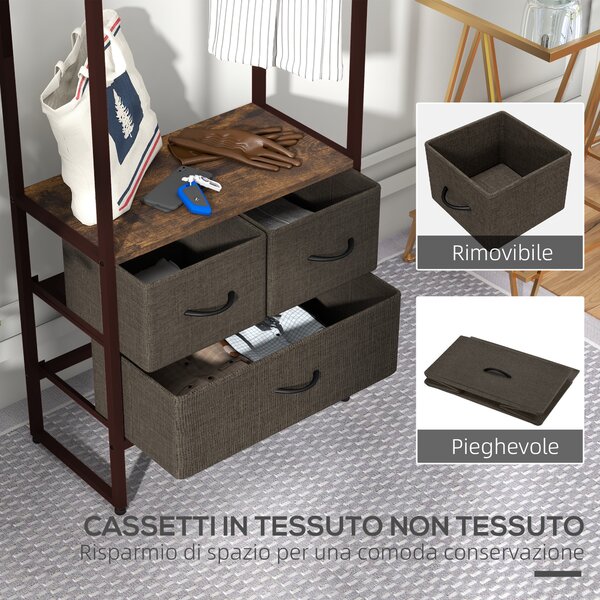 HOMCOM Appendiabiti multiuso con 3 Cassetti pieghevoli in tessuto e Ripiani da terra, in Legno MDF e Acciaio, 58.5x30x178 cm, Marrone|Aosom Italy
