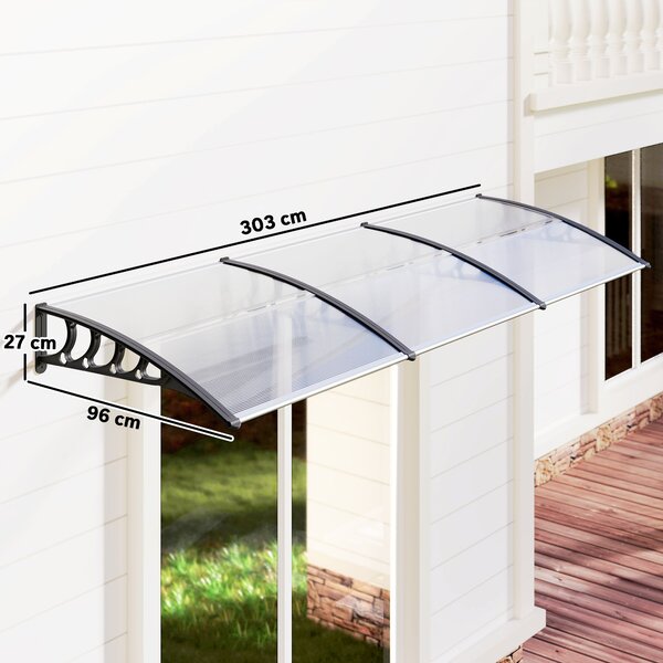 Outsunny Tettoia in Policarbonato e Alluminio per Balconi, Finestre e Porte, 303x96x27 cm, Nero e Trasparente|Aosom