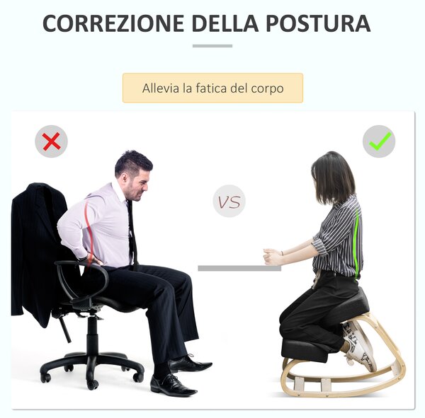 Vinsetto Sedia Ergonomica Posturale con Inginocchiatoio in Legno, funzione di inclinazione e Cuscino, 51x69x58cm, Nero|Aosom Italy