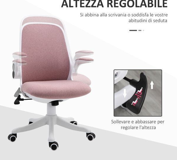 Vinsetto Sedia da Ufficio Ergonomica in Tessuto Effetto Velluto con Altezza Regolabile e Braccioli Sollevabili, 62.5x60x94-104 cm, Bianco e Rosa|Aosom