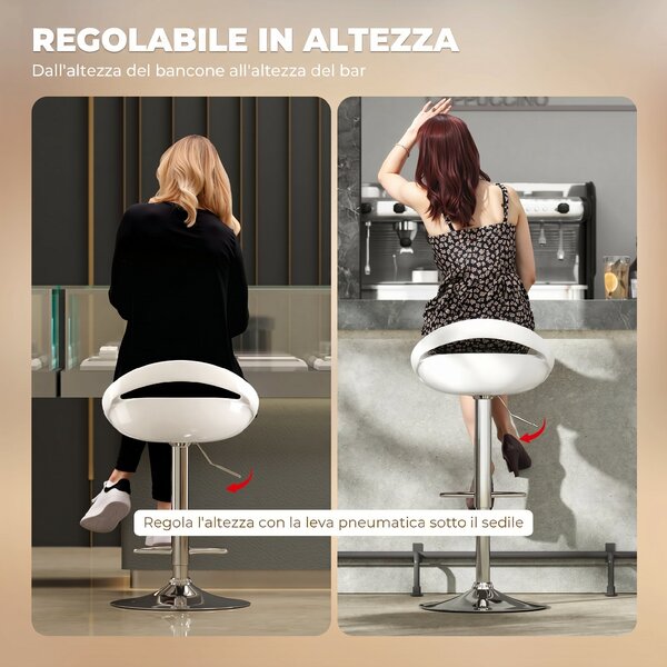HOMCOM Set 2 Sgabelli da Bar Girevoli con Poggiapiedi, Altezza Regolabile Base in Acciaio Seduta in ABS, Bianco