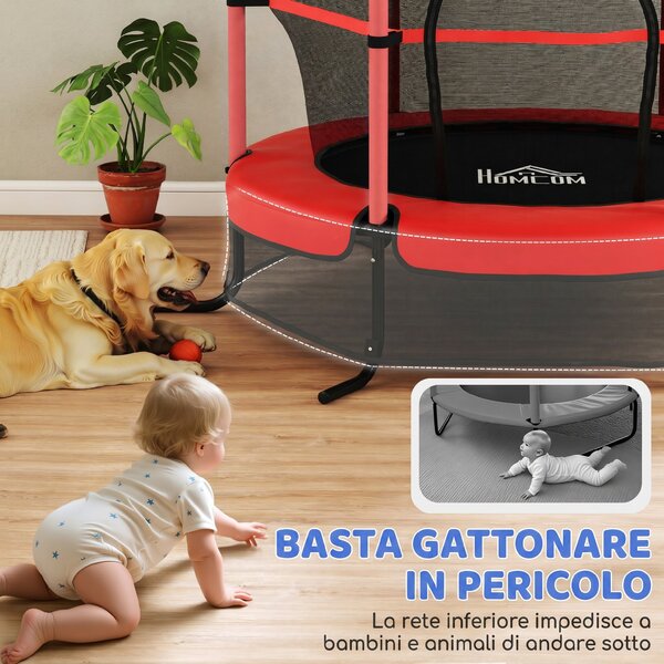 HOMCOM Trampolino Elastico per Bambini Ø1.6x1.9 m con Rete di Sicurezza e Pali Imbottiti, Età 3-10 Anni, Rosso