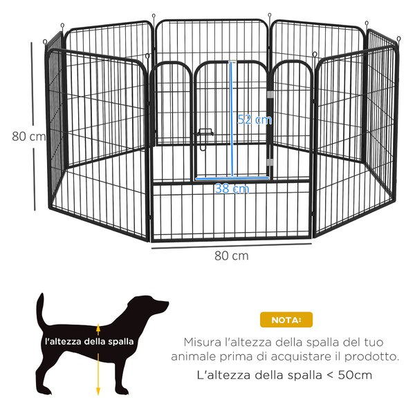 PawHut Recinto per Cani e per Cuccioli, Recinto Modulare per Cani da Interno ed Esterno in Metallo e Acciaio 8 Pannelli 79x79cm|Aosom
