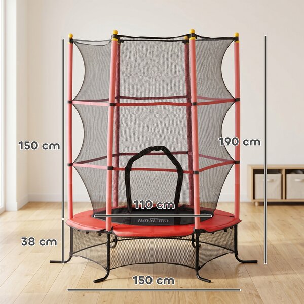 HOMCOM Trampolino Elastico per Bambini Ø1.6x1.9 m con Rete di Sicurezza e Pali Imbottiti, Età 3-10 Anni, Rosso