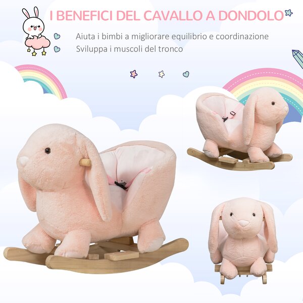 HOMCOM Cavallo a dondolo stile coniglio seduta imbottita con suono 3 LR44 batterie per bambini 18-36 mesi rosa Max.carico 40kg|Aosom