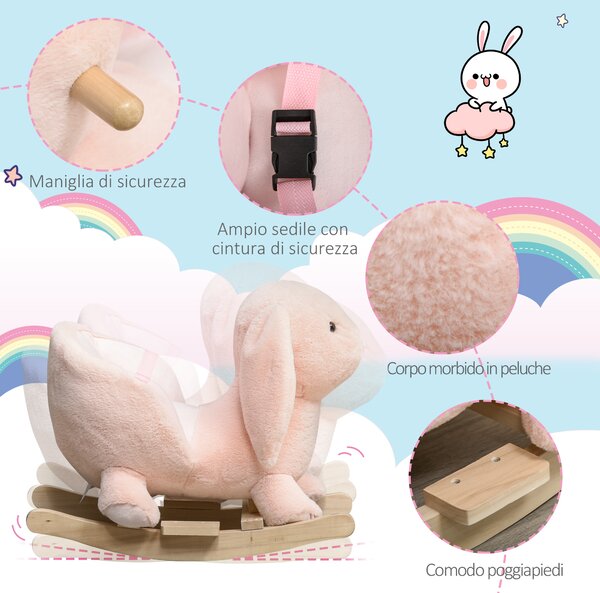 HOMCOM Cavallo a dondolo stile coniglio seduta imbottita con suono 3 LR44 batterie per bambini 18-36 mesi rosa Max.carico 40kg|Aosom