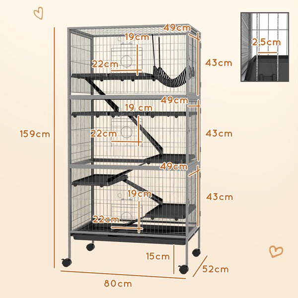 PawHut Gabbia per Conigli con 4 Ingressi a Livelli Multipli con Amaca, in Acciaio e PP, 80x52x159 cm|Aosom
