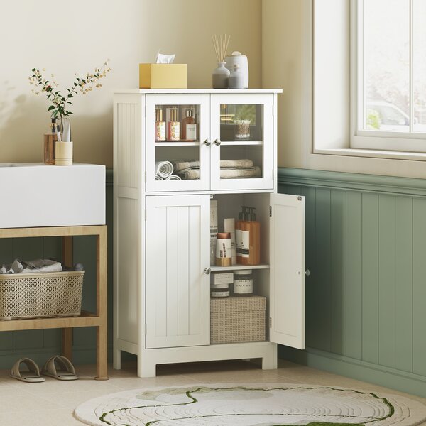 Kleankin Mobiletto Bagno con due Armadietti, Ante in Vetro e Ripiano Regolabile, 60x30x108.5 cm, Bianco | Aosom Italy
