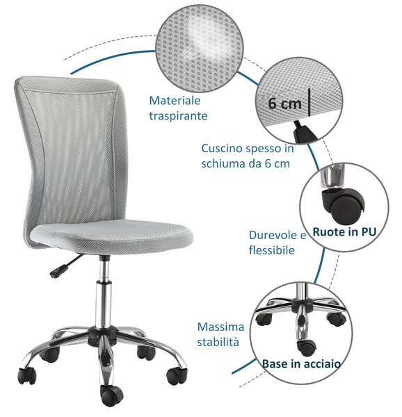 Vinsetto Sedia da Ufficio Ergonomica Girevole, Altezza Regolabile, 5 Ruote, Schienale curvato e Traspirante, 43x46x100cm, Grigio | Aosom Italy