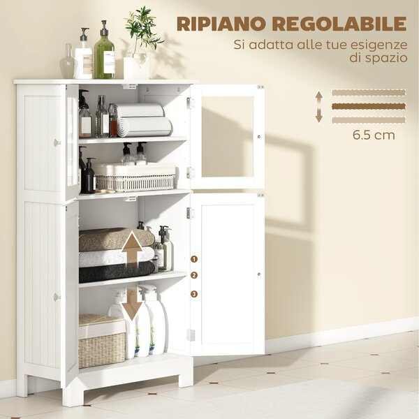 Kleankin Mobiletto Bagno con due Armadietti, Ante in Vetro e Ripiano Regolabile, 60x30x108.5 cm, Bianco | Aosom Italy