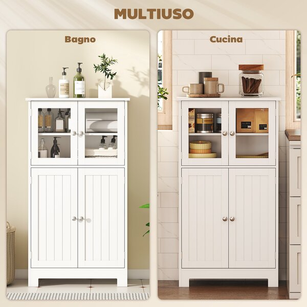 Kleankin Mobiletto Bagno con due Armadietti, Ante in Vetro e Ripiano Regolabile, 60x30x108.5 cm, Bianco | Aosom Italy