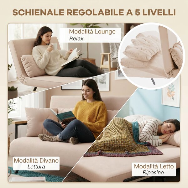 HOMCOM Divano Letto 3 in 1 in Tessuto Effetto Velluto con Schienale Regolabile e 2 Cuscini, 102x73x81 cm, Beige | Aosom Italy