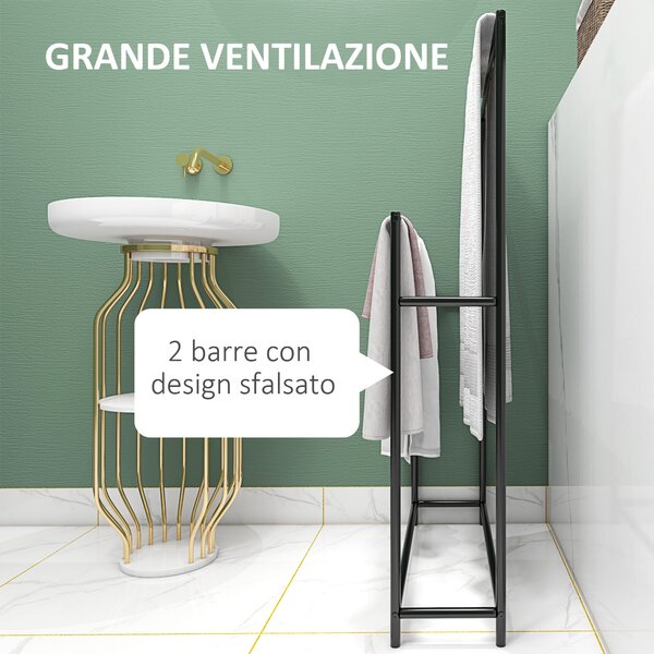 HOMCOM Portasciugamani da Terra a 2 Bracci Autoportante in Metallo, 66x20x110 cm, Nero | Aosom Italy