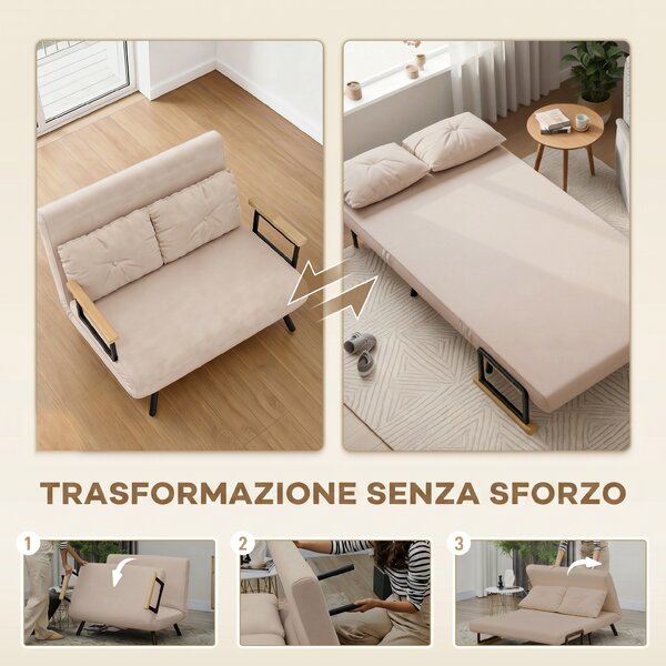 HOMCOM Divano Letto 3 in 1 in Tessuto Effetto Velluto con Schienale Regolabile e 2 Cuscini, 102x73x81 cm, Beige | Aosom Italy