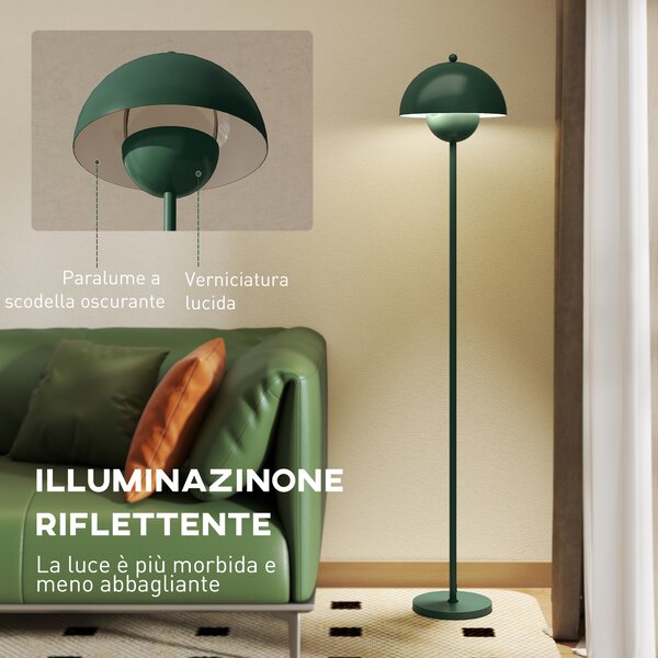 HOMCOM Lampada da Terra con Paralume Semicircolare e Interruttore a Pedale, in Acciaio, Ø30x155 cm, Verde | Aosom Italy