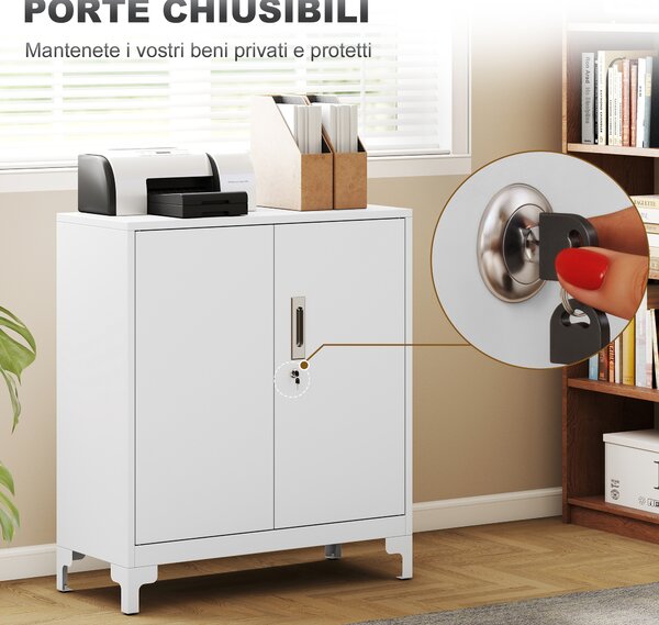 HOMCOM Mobile da Ufficio Portadocumenti con 3 Ripiani, 2 Ante e Chiavi, 80x35x91 cm, Bianco | Aosom Italy