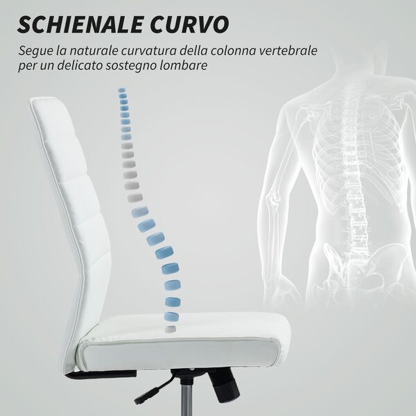 HOMCOM Sedia da Ufficio Ergonomica e Regolabile con Schienale Ricurvo, in Pelle PU e Acciaio, 58x53x97-107 cm, Bianco | Aosom Italy