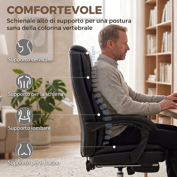 HOMCOM Sedia da Ufficio Reclinabile con Poggiapiedi Estraibile in Pelle PU, Capacità 120 kg, Nero | Aosom Italy