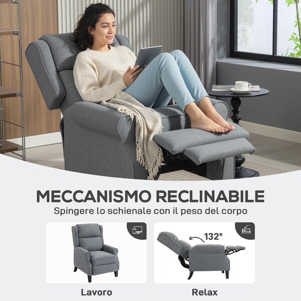 HOMCOM Poltrona salvaspazio Reclinabile con Poggiapiedi, Sedia imbottita Reclinabile in Tessuto Effetto Lino, 74x84x102 cm, Grigio | Aosom Italy