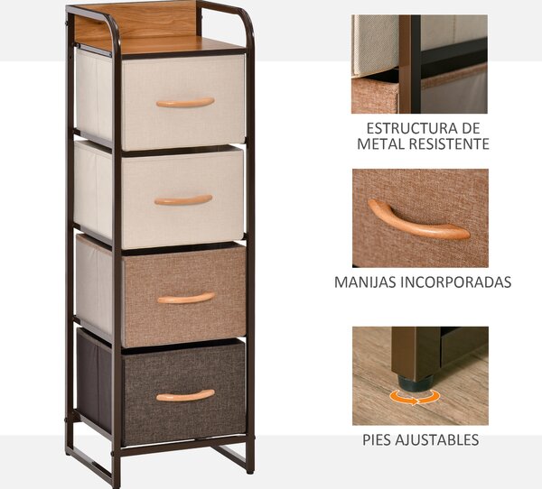 HOMCOM Cassettiera 4 Cassetti Pieghevoli in Tessuto e Struttura in Legno e Metallo, 31x29x99 cm, Multicolore | Aosom Italy