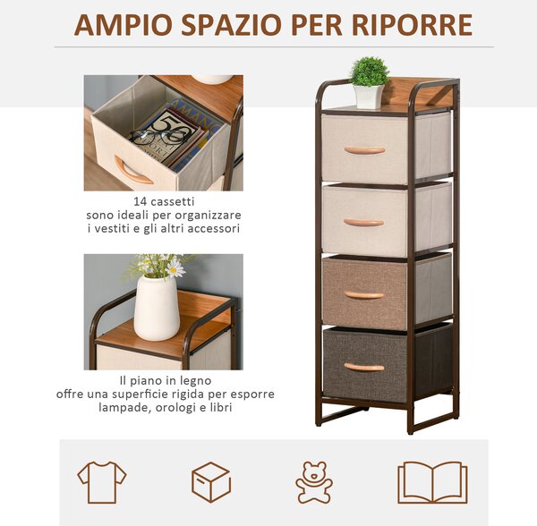 HOMCOM Cassettiera 4 Cassetti Pieghevoli in Tessuto e Struttura in Legno e Metallo, 31x29x99 cm, Multicolore | Aosom Italy