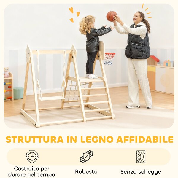 AIYAPLAY Gioco Arrampicata 5 in 1 Pieghevole con Scivolo, 2 Pareti, Altalena e Canestro, in Legno, 140x172.5x116.5 cm | Aosom Italy